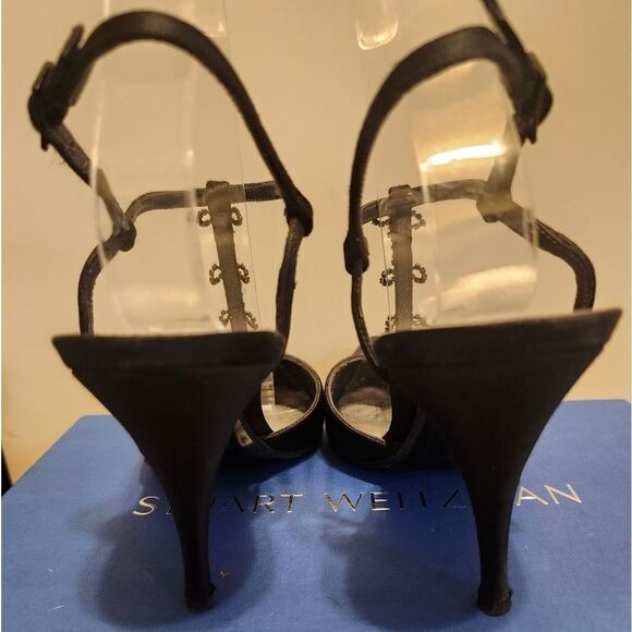 (image for) Stuart Weitzman Black Satin Crystal Rhinestone Jeweled T-strap Pumps Sz.8 $425
